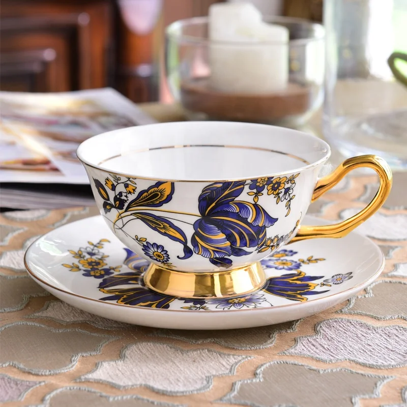 Elegant british floral ceramic tea cup and saucer for latte bone china coffee cups with dish