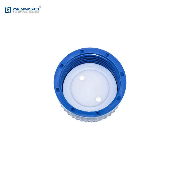 Plastic blue GL45 safety cap with two holes for 1/8 inch OD tubing.