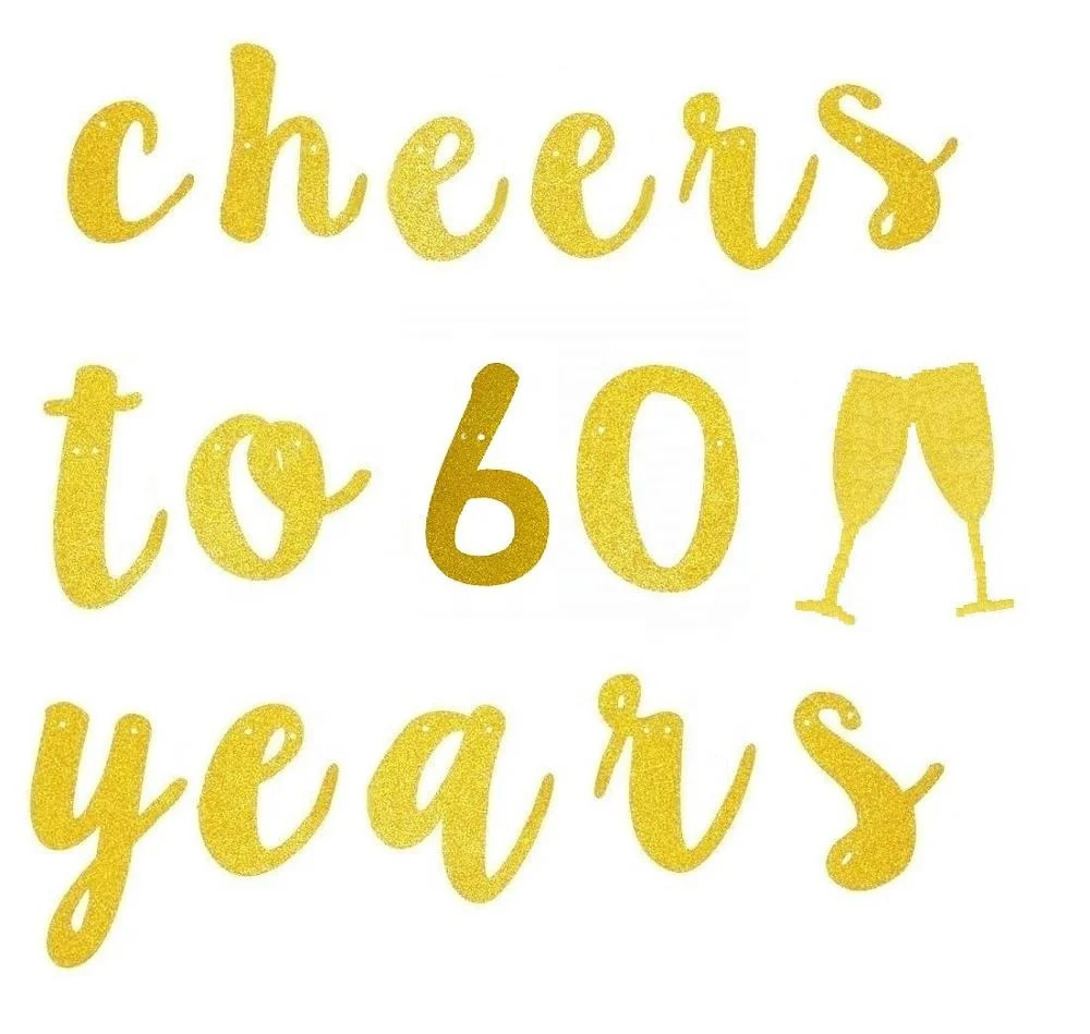 Cheers To 60 Years And Champagne Glasses Gold Glitter Banner for 60th Birthday Party Decorations