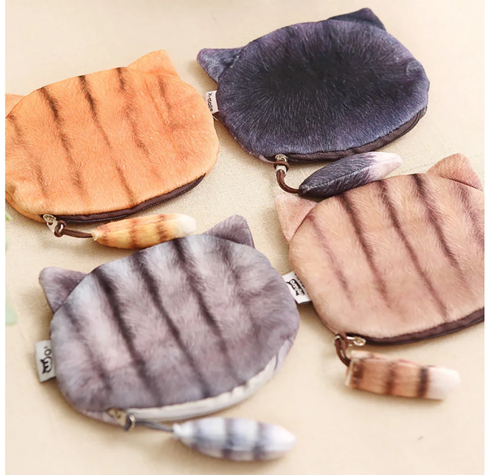 3D Printing Plush Cat Face Coin Wallet Purse Zipper Makeup Pouch