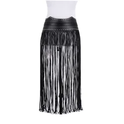 Sexy Woman leather tassel skirt 2018 ladies belt Nightclub  studs pu tassel dress skirt waist wide waist seal