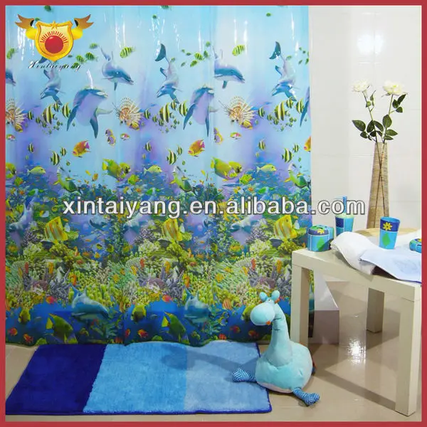 синий цвет морской рыбы дизайна ванной комнаты пвх пластиковые занавески для душа