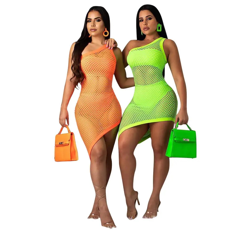 FM-CM554 Sexy Sleeveless one shoulder collar Asymmetrical hollow out Mesh perspective Club Dress