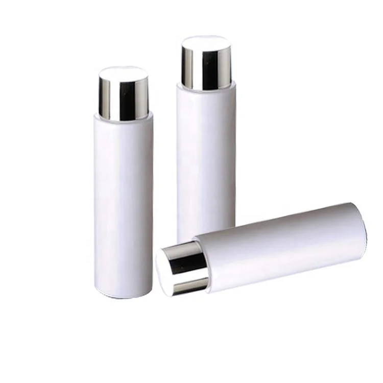 High quality 100ml 150ml 200ml white round shape lotion toner bottle with silver screw cap
