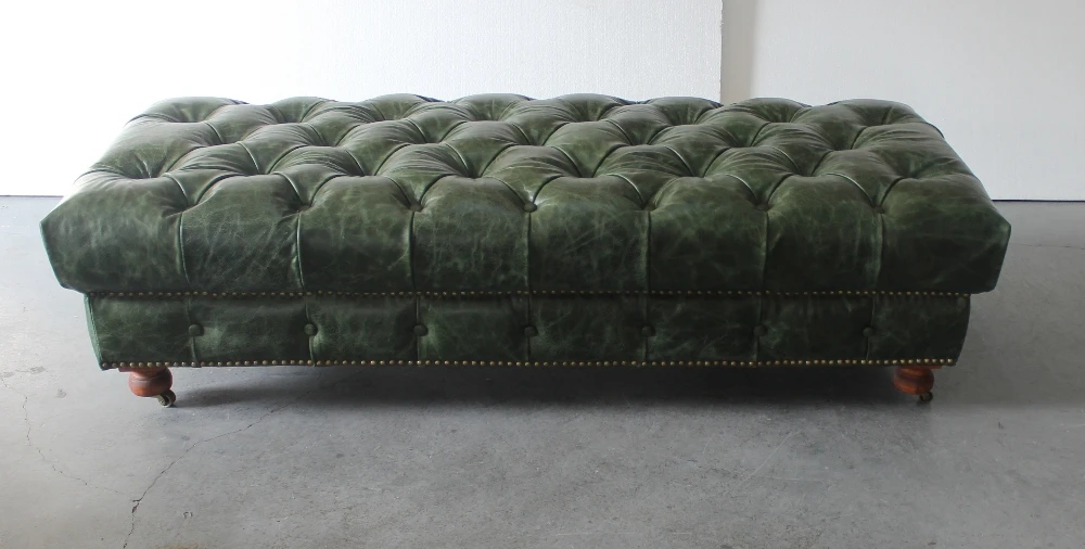 Antique green vintage leather button tuft chesterfield couch