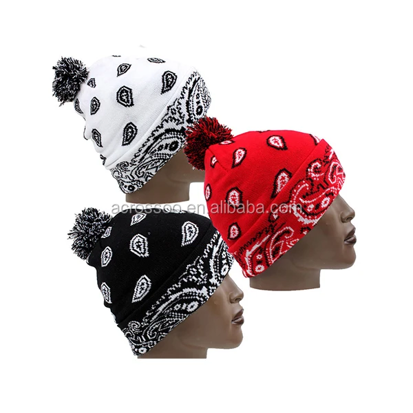 Unisex winter acrylic jacquard paisley skull knitted pom hat