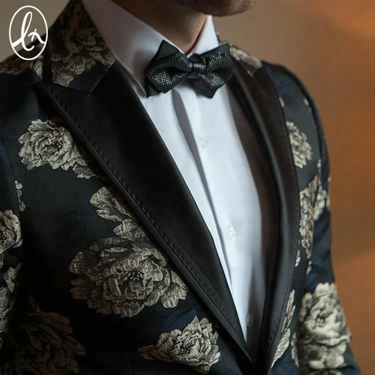 Мужской элегантный жаккардовый костюм из 2 предметов, облегающий смокинг