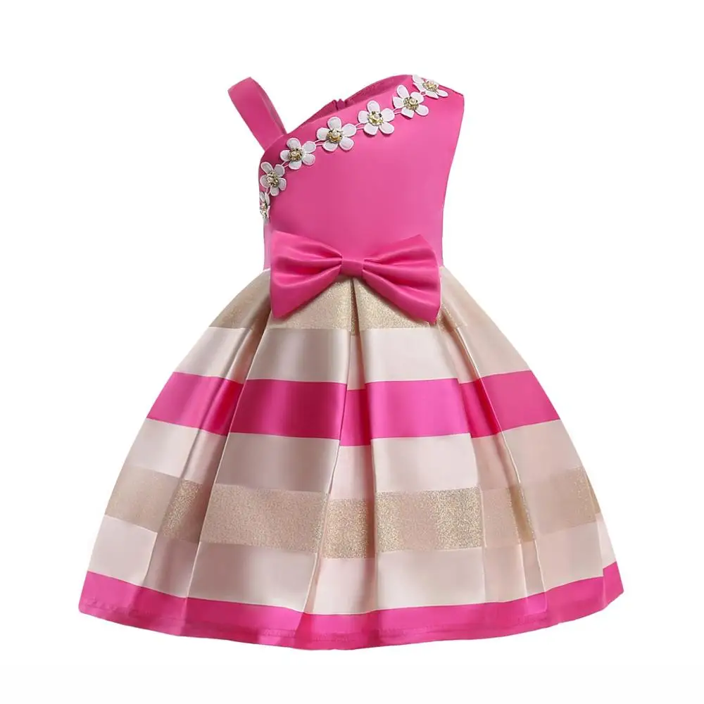 Kids One-Shoulder Party Dress Wholesale Girl Formal Dress Sling Bare Shoulder Stripe Flower Embroidered Princess Dress