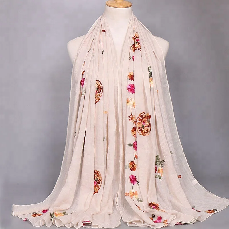 
2020 Newest High Quality Long Shawls Flower Print Women Plain Cotton Embroidered Custom Scarf 
