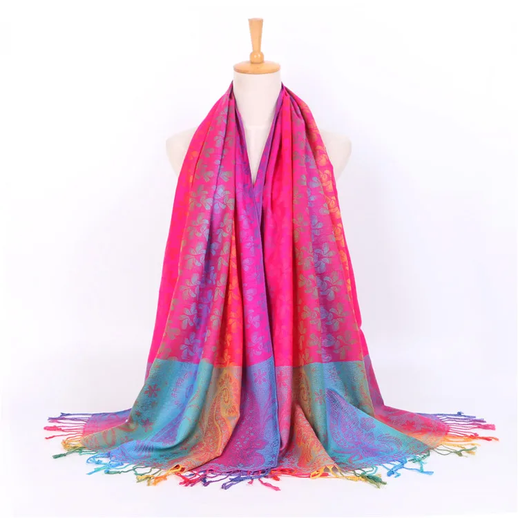 Colorful flowers Jacquard Scarf cotton pashmina Women Wrap Shawl tassels Scarves