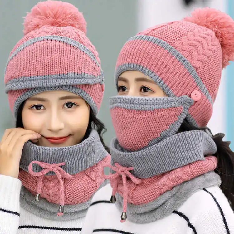 
Wefans Winter Women Wool Hat Ski Face Mask Cap Neck Warmer Scarf Knitted Beanie Thick Hats Set Female Beanies Fleece Caps 