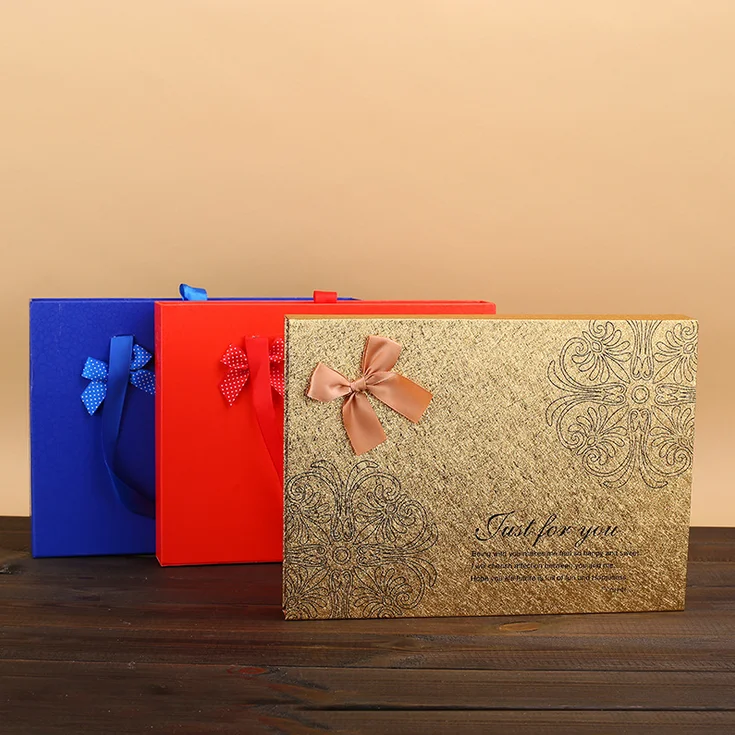 2mm thickness cardboard paper rigid drawer candy and chocolate packing box with ribbon pull out and handle custom with divider