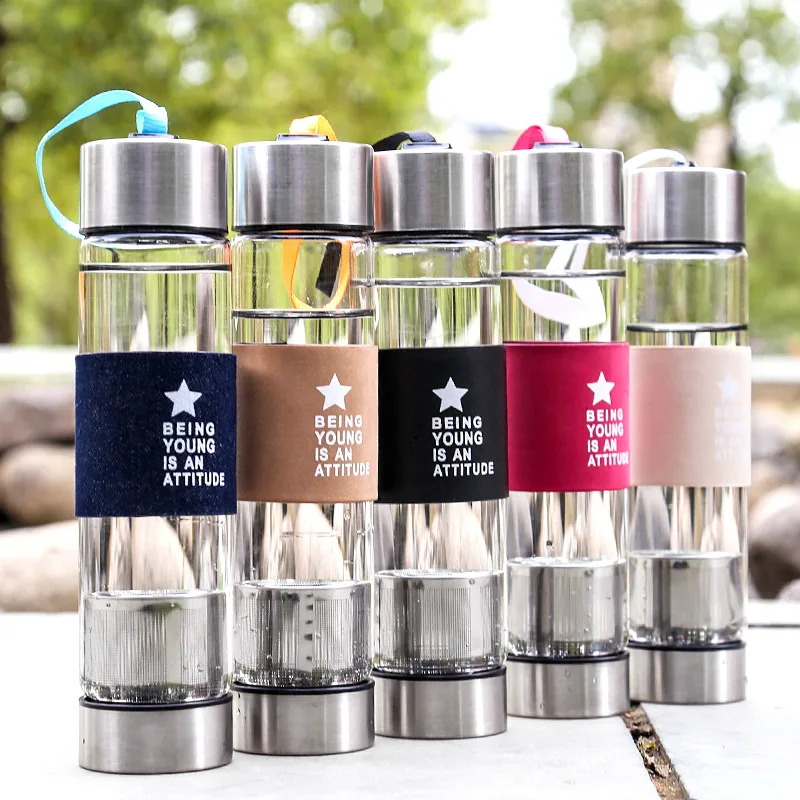 
FBA Borosilicate Glass Water Bottles With Tea Infuser And Stainless Steel Lids 