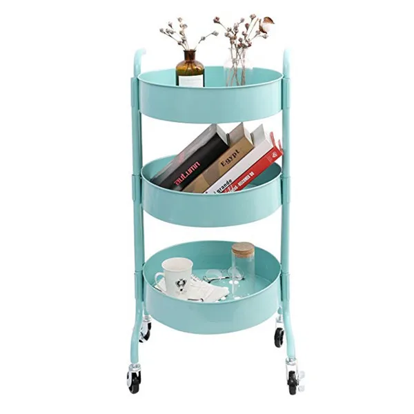
HS-001 3-Tier Metal Mesh Trolley Rolling Storage Kitchen Cart with Utility Handle 