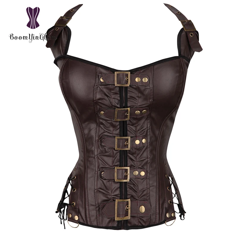 Plus Size Steampunk Corselet Boned Halter Bust Corset Faux Leather Gothic Shapewear Bodysuit
