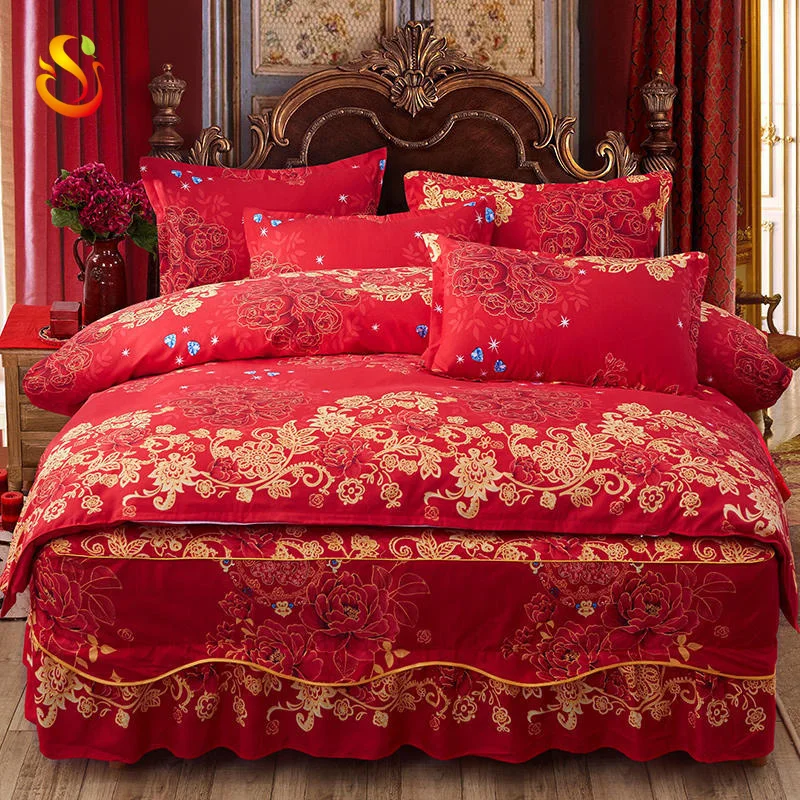 
China supplier polyester cotton red roses pattern sheet four pieces cotton bedding sets bed skirt style 