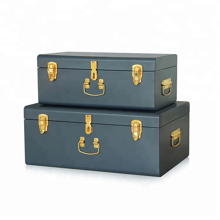 Industrial Vintage Metal Tin Trunk Box with Lock