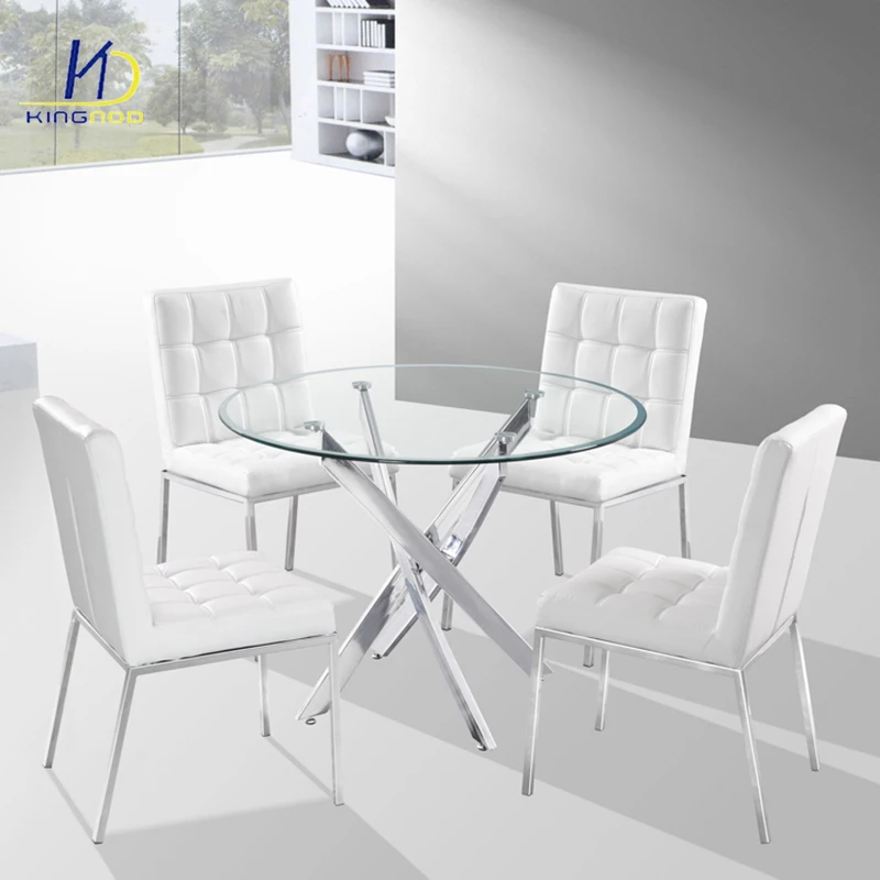 Factory Hot Sale Cheap Modern Glass Top Chromed Legs Dining Table Set