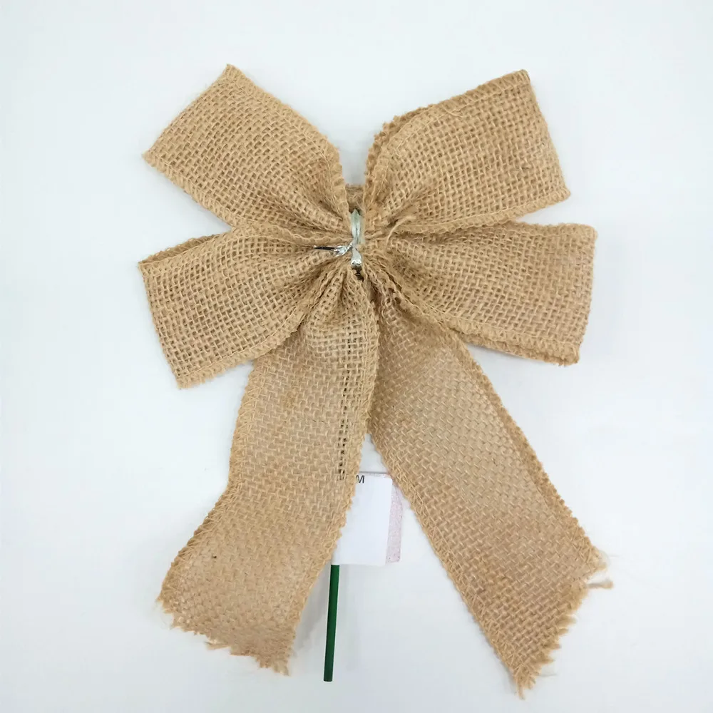 Wholesale Large Decorative Bow Holiday Natural Brulap Pre- Tied Bowknot christmas snowflakes Glow bow tie  With Green Stick
