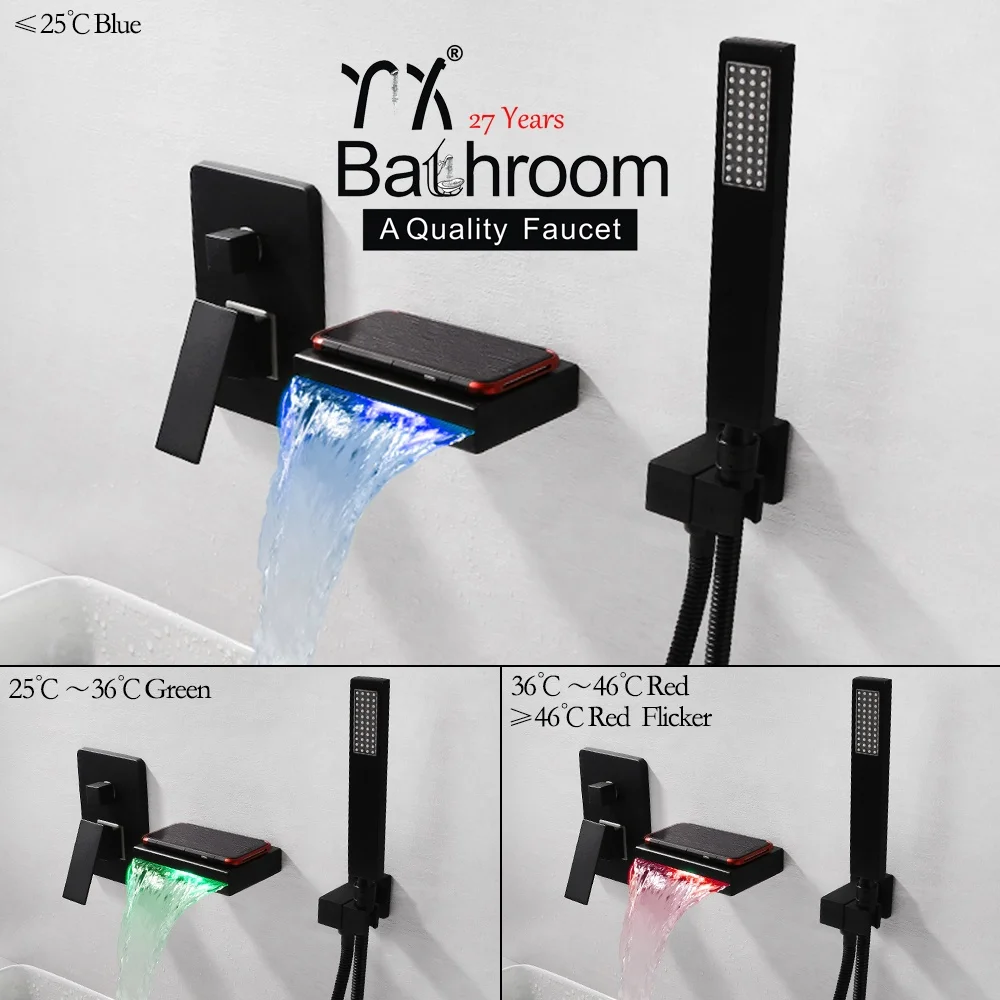 
kaiping faucet Popular LED wall mounted bathroom sink taps brass matte black waterfall basin faucets 