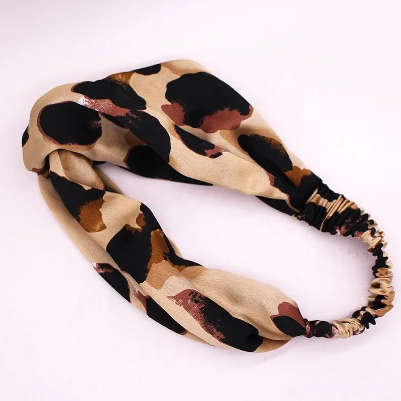 Women Turban Satin Silk Knotted Twist Leopard Printed Hair Band Wrap Elastic 1pc
