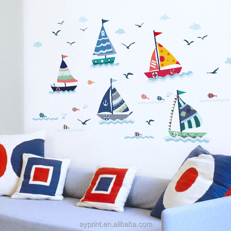 
SK7061 Sailboat Sailing Ship Sea Fish Kids Wall sticker Home DIY decorative TV Background removable Nursery wall Decal 