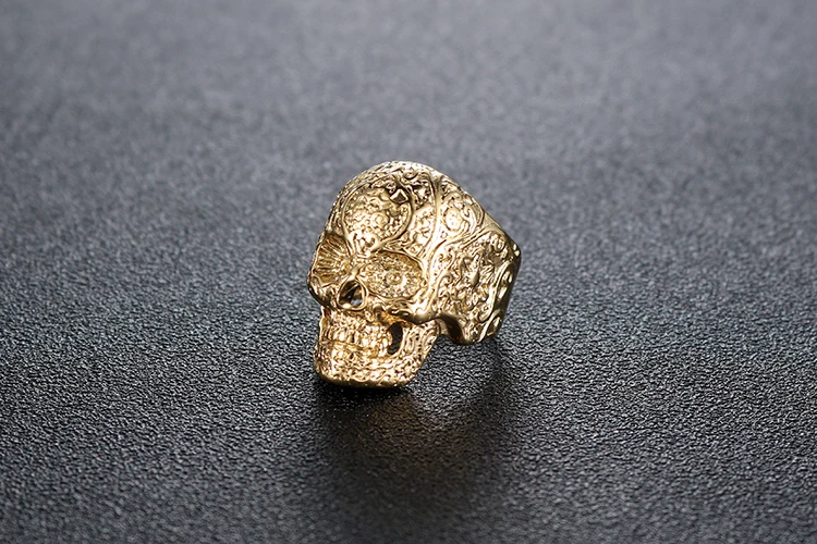 Hiphop style Gold Ion Plated Flower Skull Titanium Rings for men women In Stock