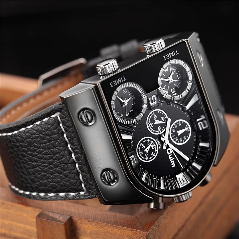 OULM Brand Original Unique Design Square Men Wristwatch Wide Big Dial Casual Leather Strap Quartz Watch