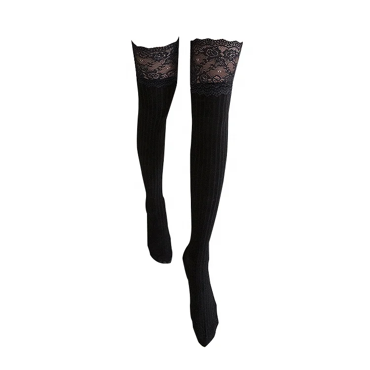 Vertical Stripes Cotton Pantyhose Japanese  Anti slip Lace Thigh High Overknee Socks