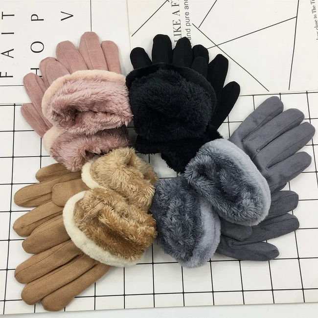 S4287 fashion 2018 women girls suede mittens sports cycling mobile touch warm winter gloves touch screen with sherpa lining