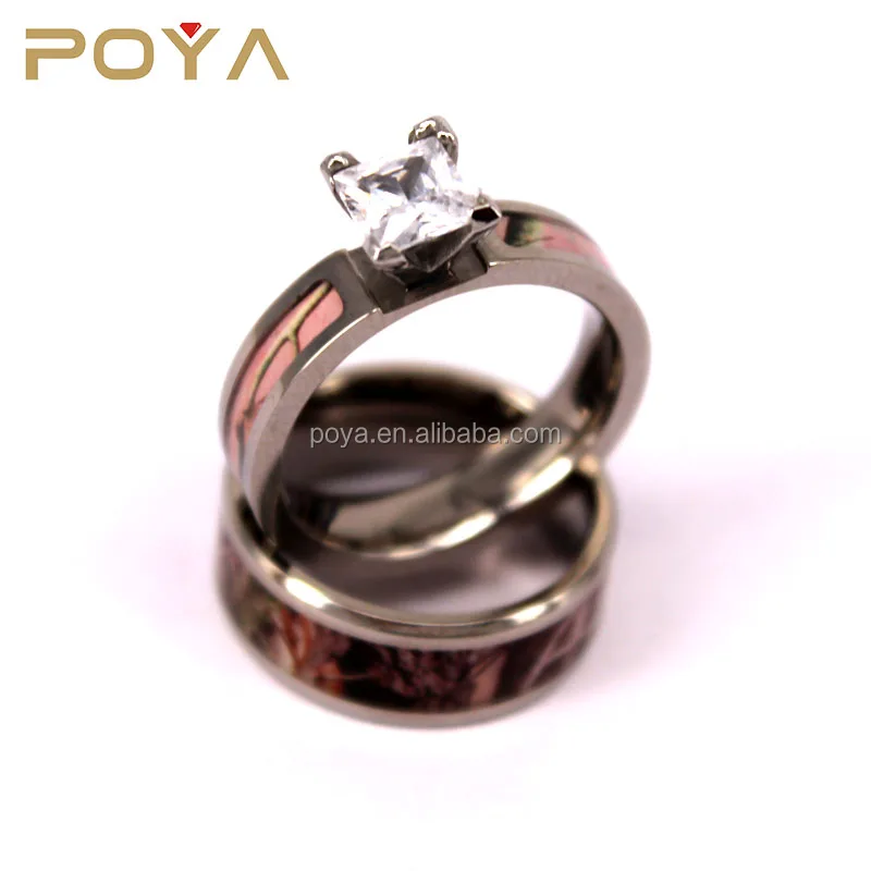 POYA Jewelry 4mmTitanium Ring Men Women Camo and CZ Inlay Wedding Ring Set