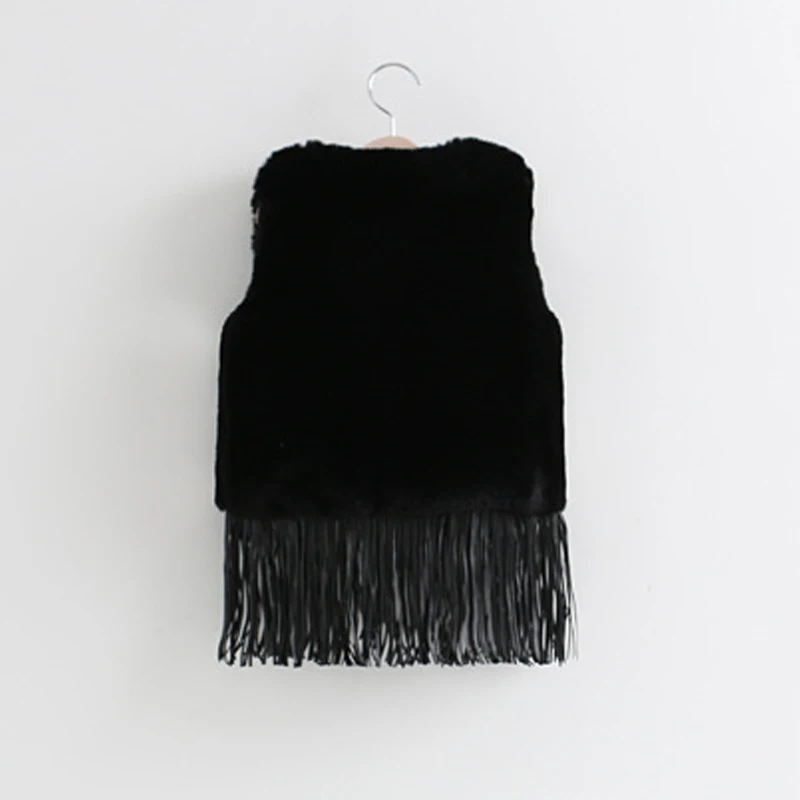 
Black fake rabbit fur vest for children cute fur gilet with tassel 