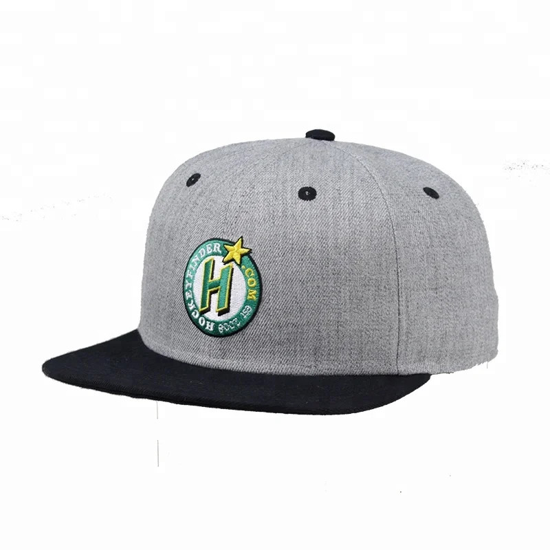 
Fashion Gorra Flat Flip Brim Vintage Embroidery Heather Grey Wool Custom Snapback Caps 