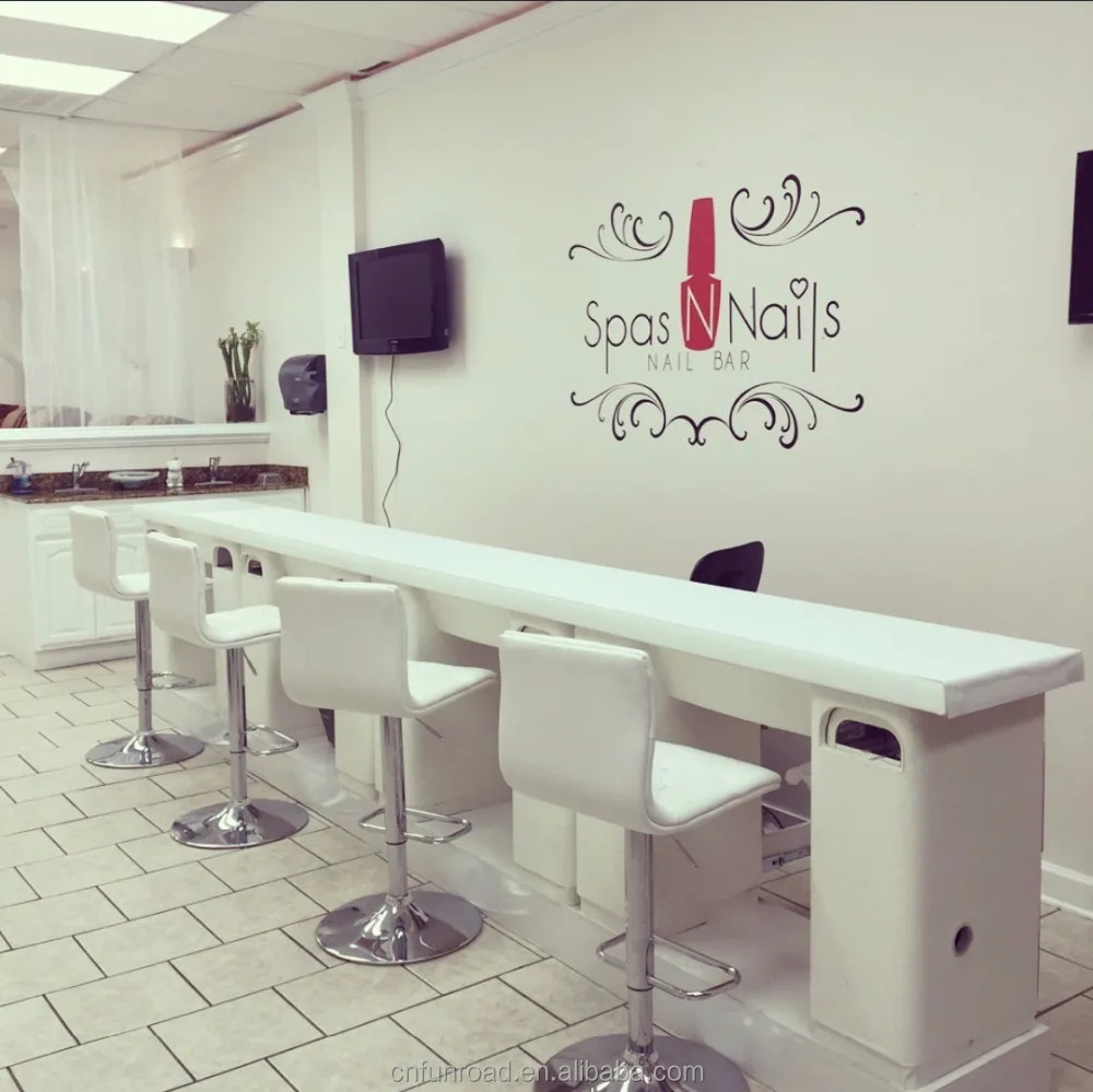 Bespoke long wooden nail salon manicure table with cabinets Chinese factory