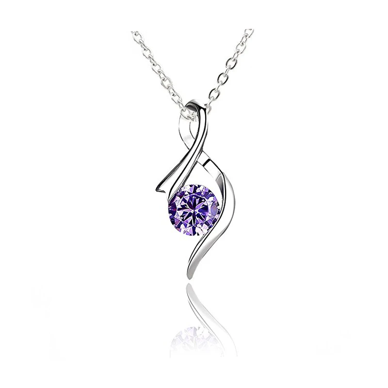 Wholesale Fine Jewelry 925 Sterling Silver Zirconic Chic Ribbon Shape Elegant Amethyst Pendant Necklace for Women