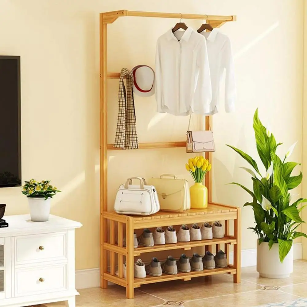 Bamboo Garment Rack Coat Clothes Hanging Rail with 3 Tiers Hat Rack Laundry Storage Shelves