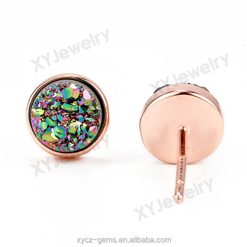 rose  gold plated natural rainbow green earring natural drusy agate stud earrings for girls