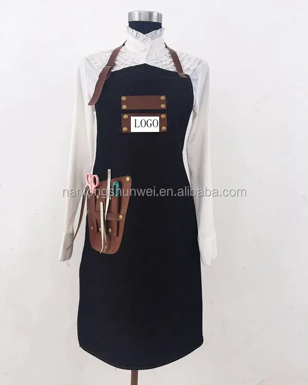 custom denim barber apron with leather pocket