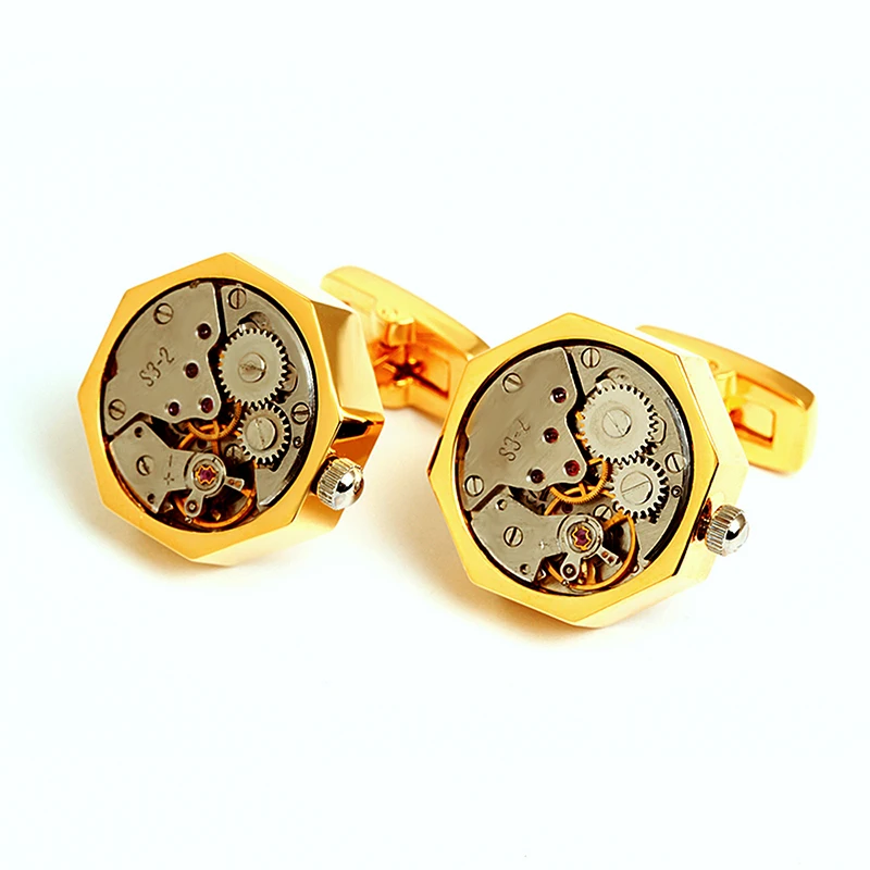 Gold plated mechanical cufflinks watch movement