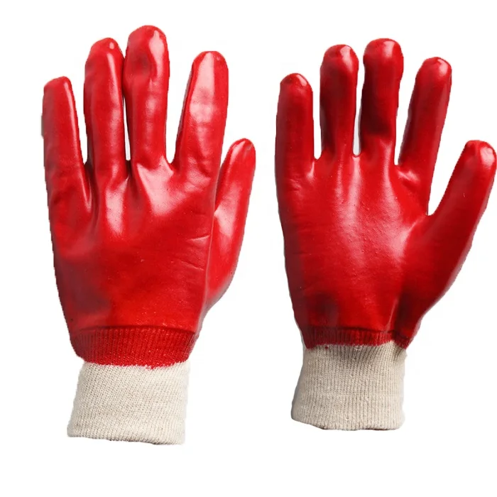 Cotton Liner Knitted Wrist Cuff Red PVC Working Gloves
