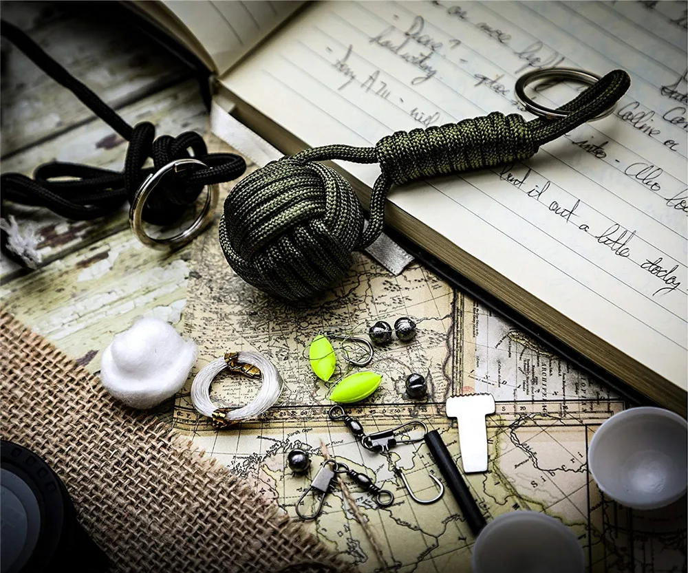 
Outdoor Paracord Keychain Lanyard Tactical Bushcraft Survival Emergency Gear Flint Fire Starter Monkey Fist 