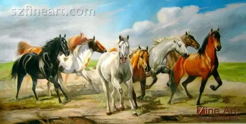 realistic oil painting of group horses on the plain