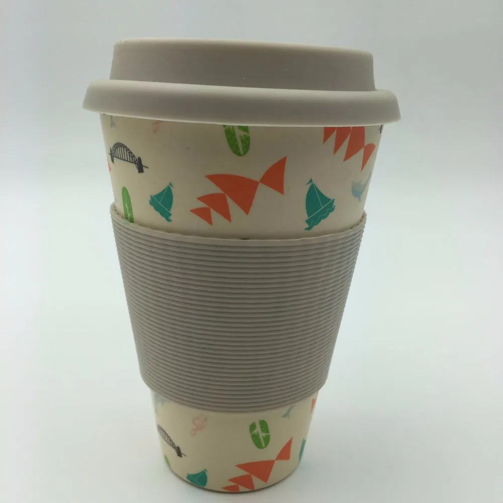 Биоразлагаемая многоразовая кофейная чашка из бамбукового волокна оптовая продажа 16 унций 15 450 мл с силиконовой крышкой и рукавом