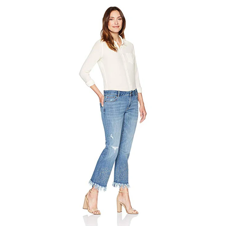 Popular Skinny Jeans Women Boot Cut Raw Edge Ripped Tassel Hem Style High Waist Jeans Women Casual Women Flare Jeans Pants Style