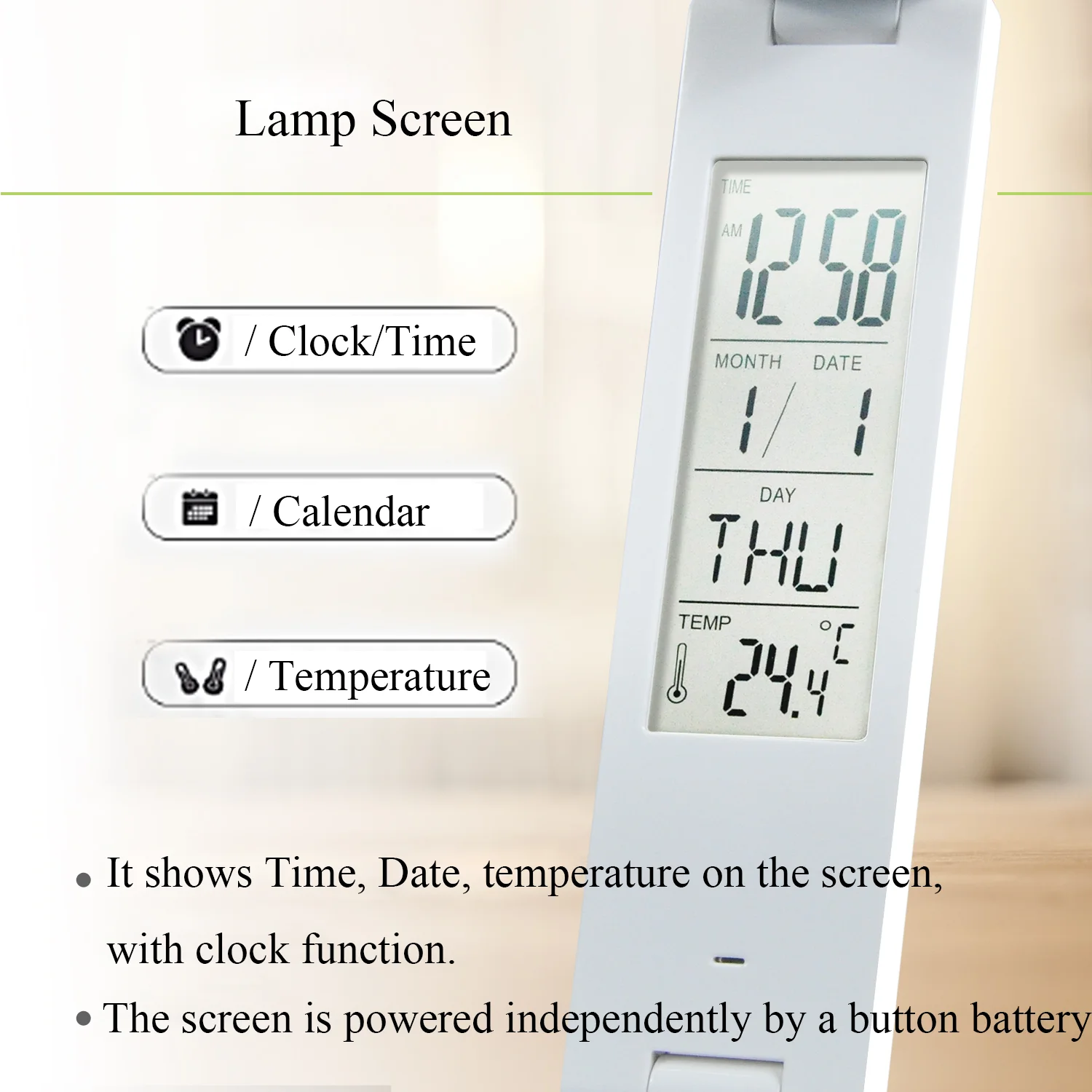 LED table lamp  with rechargeable battery USB Desk lamp with clock, calender, temperature