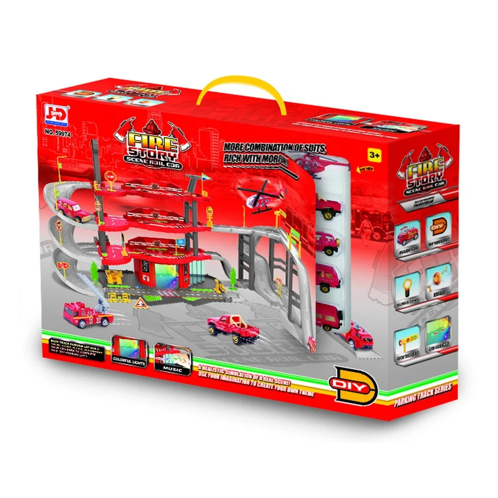 High quality metal model car parking lots kids fire station set car parking garage toy.