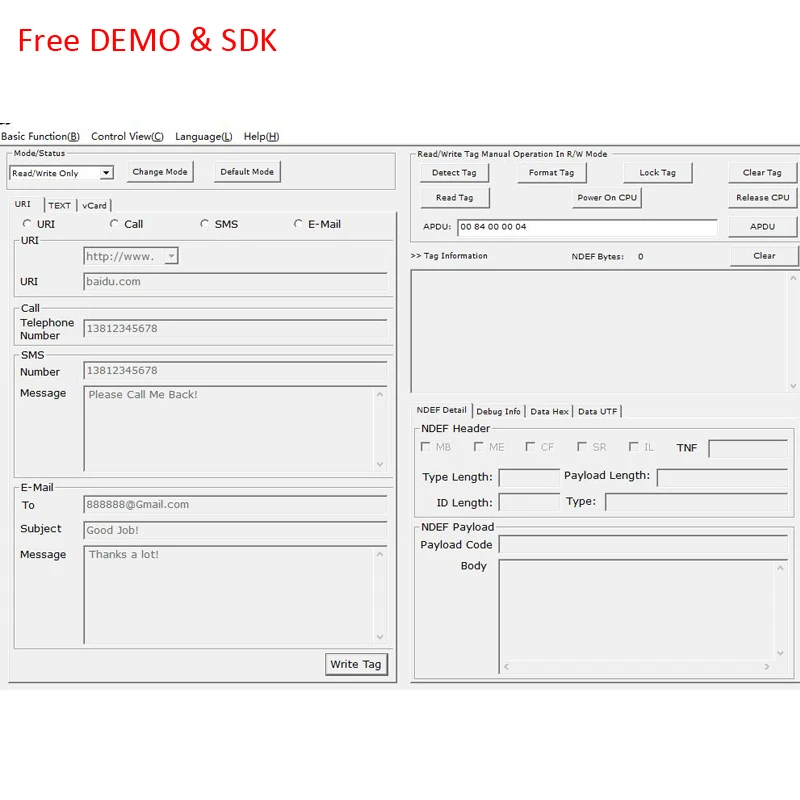 Free Software 13.56MHz ISO18092 NFC Card RFID Reader Writer