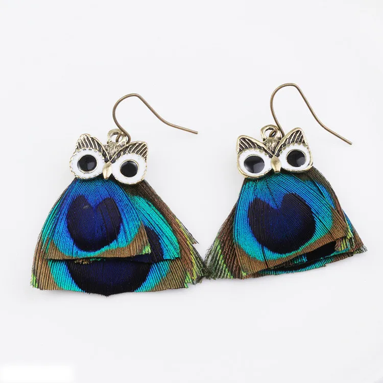 Real peacock feather earrings owl earring