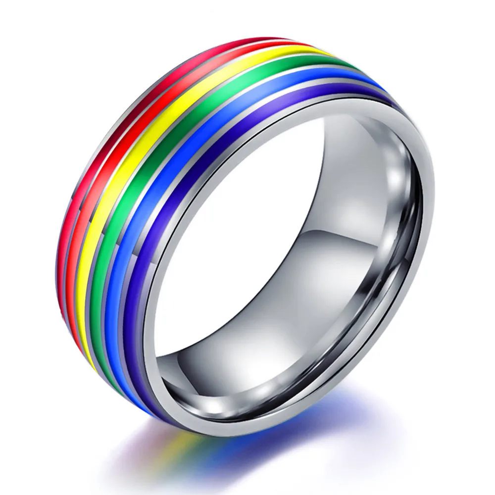 8mm Titanium Stainless Steel Rainbow Enamel Gay Lesbian Wedding Engagement Promise Band  Pride Ring