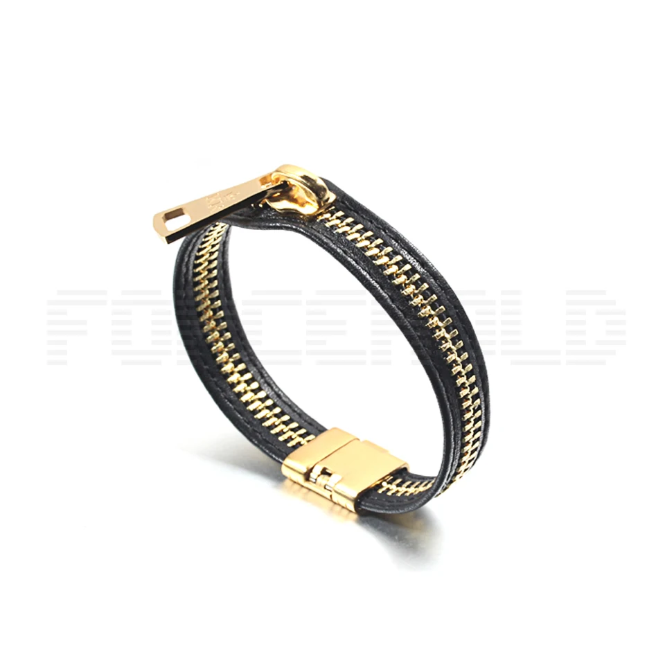 Stainless Steel Zipper Pull Leather Bracelet